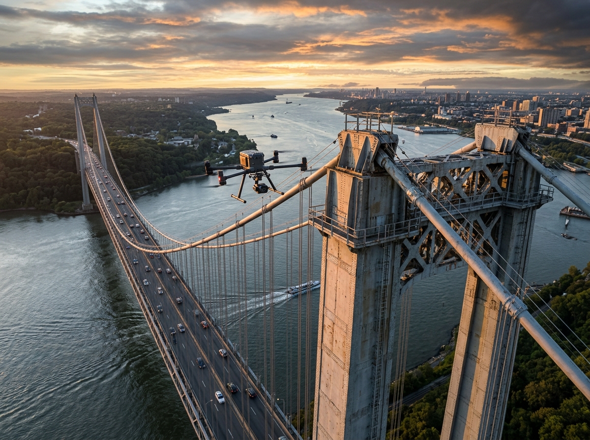 Drone inspecting suspension bridge
