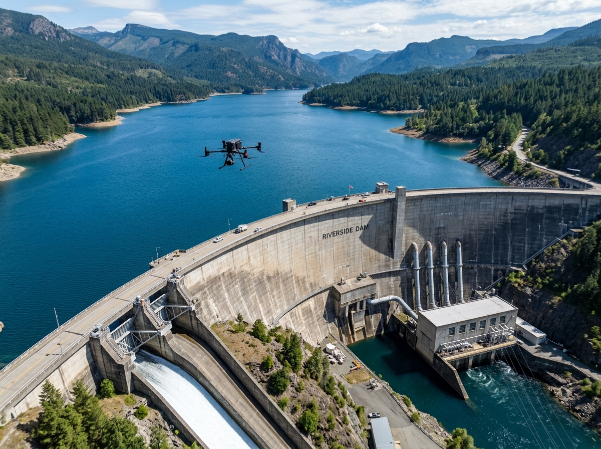 Drone inspecting hydroelectric dam