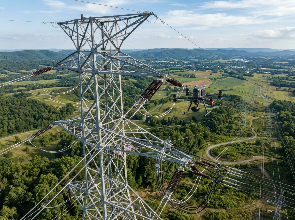 Drone inspecting power transmission tower