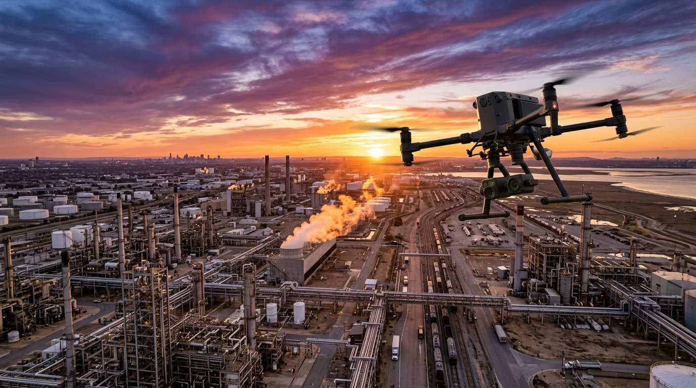 DronexAviation drone flying over industrial landscape