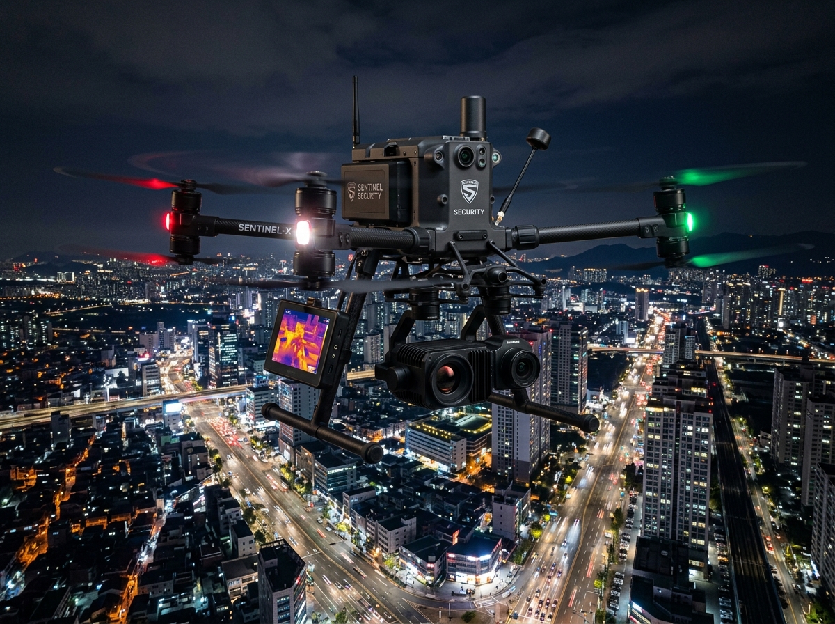 Security surveillance drone over city